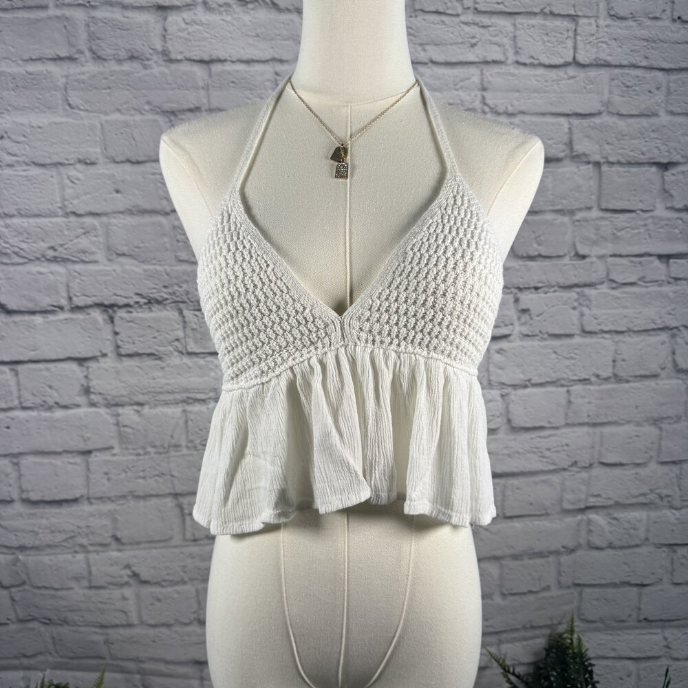Garage White Crochet Bust Smocked Peplum Halter Crop Top M